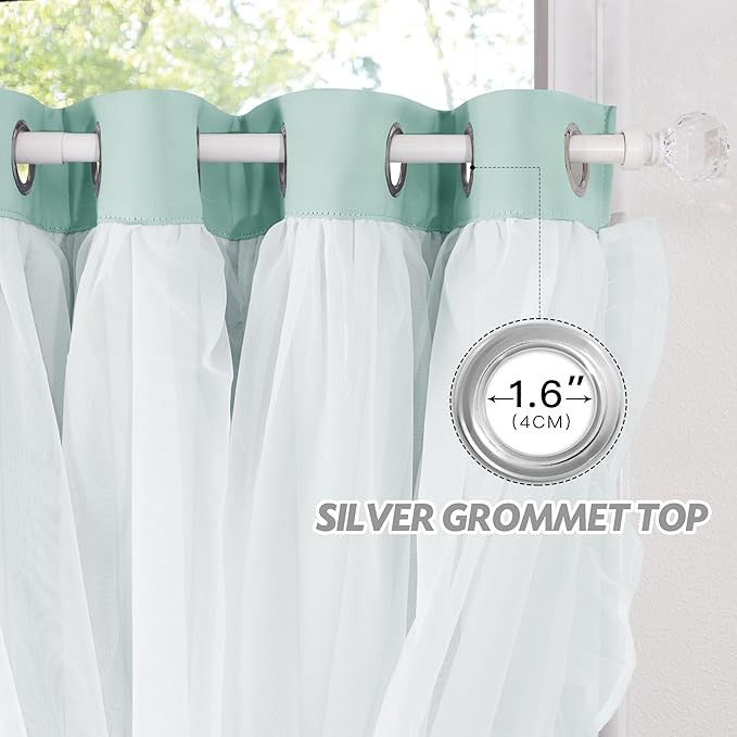 PONY DANCE Blackout Curtains for Living Room Decor Window Treatment Double Layer Drapes Ruffle Sheer Overlay Farmhouse Rustic Design, W 52 x L 84 Inches, Mint Green, 2 Panels