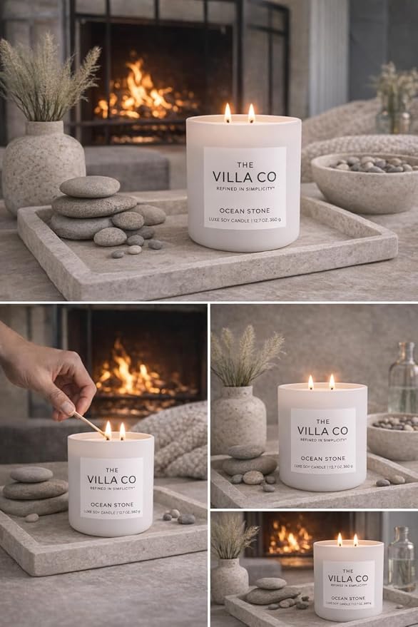 | Ocean Stone | Scented Candle for Women & Men | Hand-Poured, Aromatic & Fragrant | 60 Hour Burn Time 12 OZ | Soy Based | Phthalate Free | Made in USA