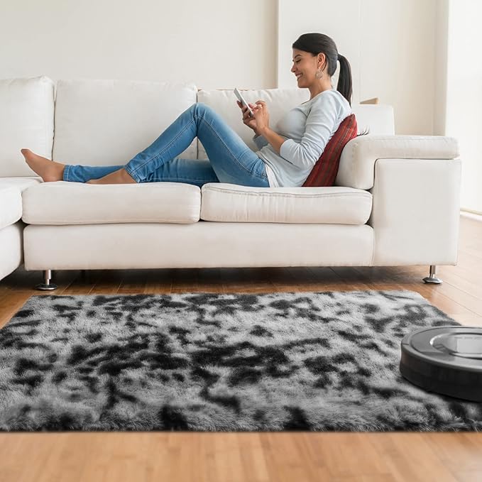 Ophanie Tie-Dyed Black&Grey Area Rugs for Bedroom Living Room, Fluffy Shag Fuzzy Carpet, Plush Shaggy Rug, 4x6 Indoor Carpet for Kids Boys Dorm Home Decor Aesthetic, Nursery