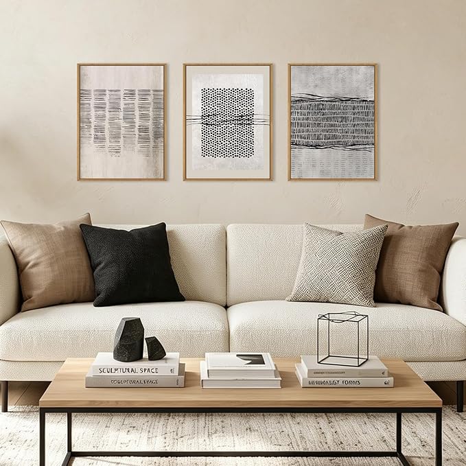 Large Abstract Black and Beige Framed Canvas Wall Art,Minimalist Geometric Lines Wall Decor,Cozy Neutral Shapes Artwork,Modern Lines Dots Art Print for Living Room,Bedroom,Office- 12"x16"x3