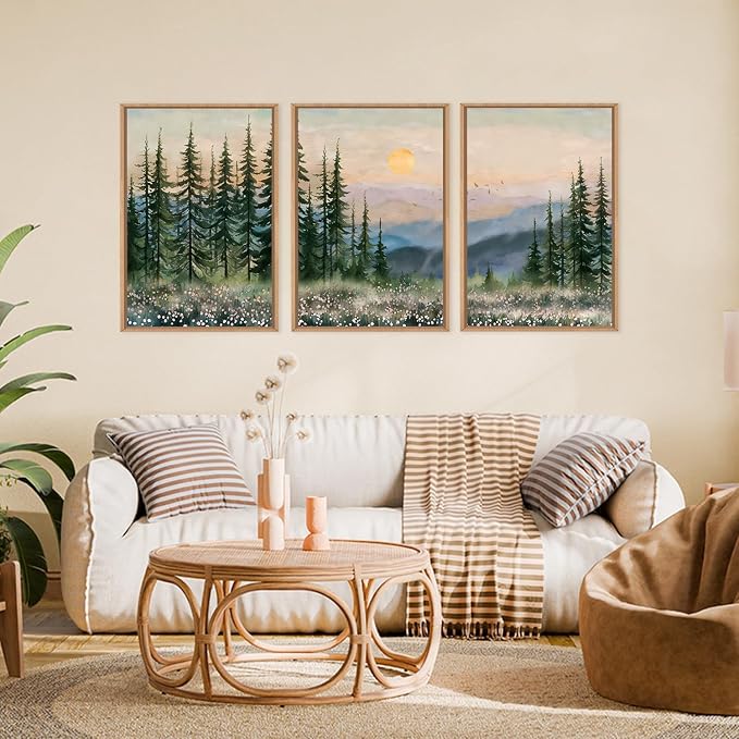 DRACIT Boho Sunset Forest Framed Canvas Wall Art Set,Natural Green Pine Tree Wall Decor,Modern Watercolor Mountain Landscape Artwork for Living Room,Bedroom,Office-24 x36 x3