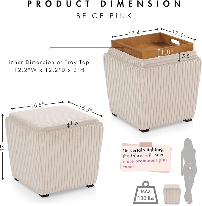 Furniture of America Lennox Modern Chenille 17-inch Square Storage Ottoman with Reversible Tray Top, Upholstered Footstool for Living Room, Bedroom, Entryway, Beige Pink