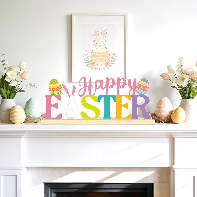 Happy Easter Metal Table Sign, Easter Table Decoration Centerpiece, Metal Letter Sign with Wooden Base,Colorful Spring Tabletop Decor for Home, Office, Shelf, Mantel, Indoor
