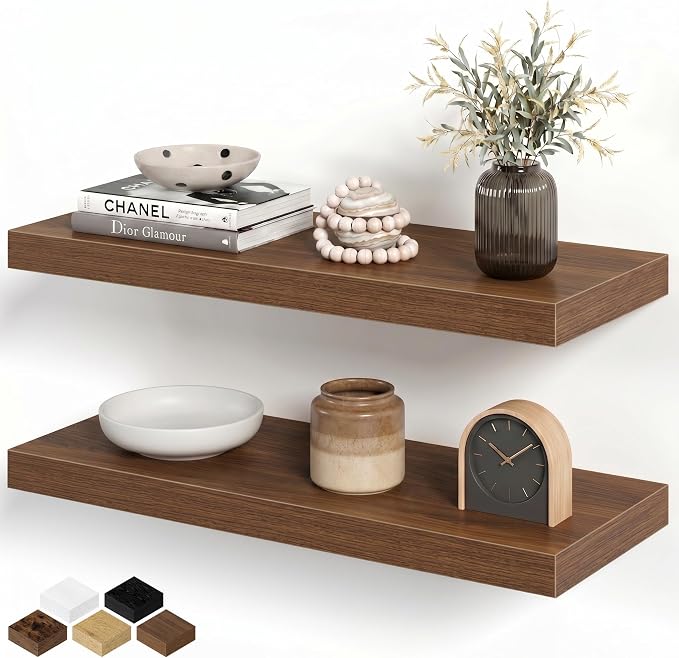 Floating Shelves for Wall, 24 Inch Floating Shelves Set of 2, Wall Mounted Rustic Wood Shelf for Bathroom, Living Room, Bedroom and Kitchen, Hanging Shelf for Storage, Books, Home Decor, Walnut