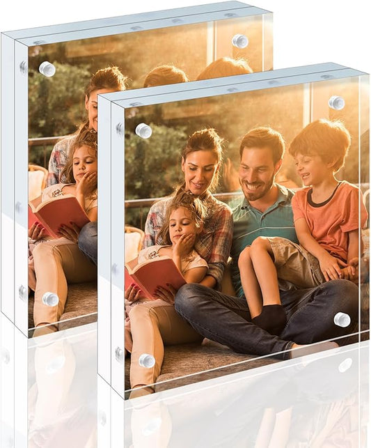 Egofine 4x4 Acrylic Frames 2 Pack, 20mm Thicker Frameless Clear Picture Frames, Double Sided Magnetic Picture Frames, Free Standing Desktop Display