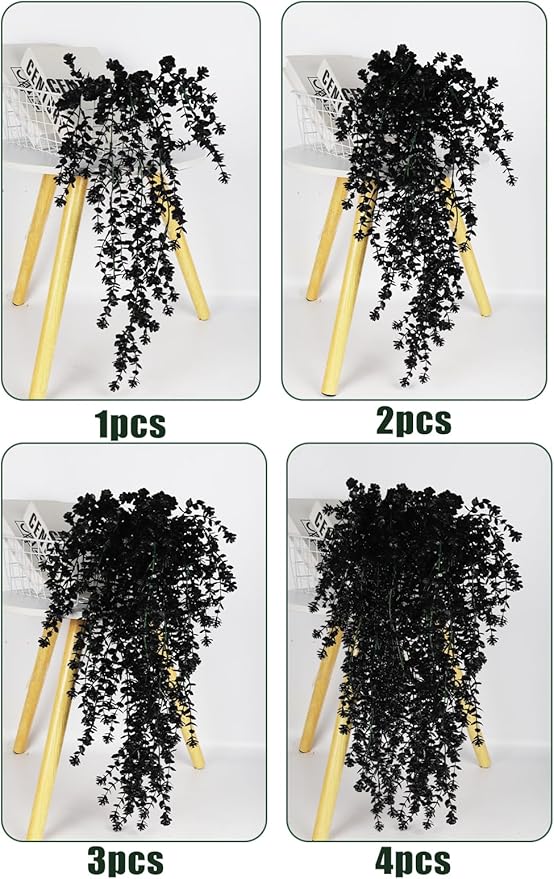SJL Artificial Hanging Plant Pack of 4 Small Faux Hanging Plants Indoor Plastic Leavse Flower Hang Ferns Artificial Plants Eucalyptus Faux Ivy Flowers Decor for Outdoor Room (Black)