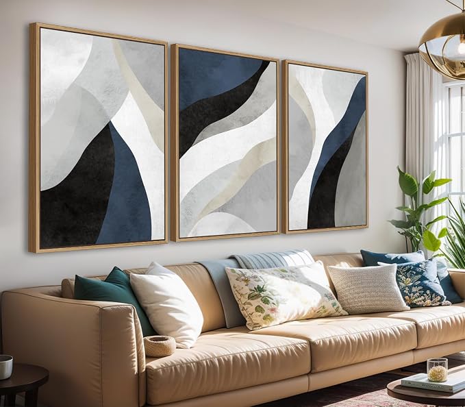 Large Abstract Framed Wall Art - Modern Canvas Wall Art Pictures Prints for Living Room Decor Natural Float Framed Artwork for Bedroom Kitchen Home Office Decoration 72" X 36" Set of 3 Blue Grey White