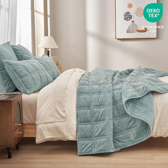 PHF Ultra Soft Velvet Quilt Set Queen Size – 3PCS Luxurious Cozy Quilted Comforter Alternative with Diamond Pattern, Warm Quilted Bedspread Coverlet, 90" x 92", Dusty Blue