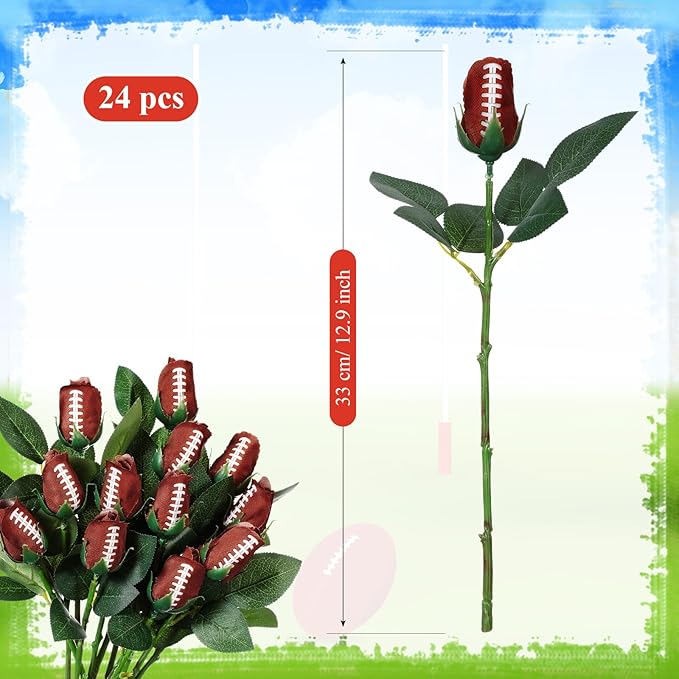 Suhine 24 Pcs Artificial Football Rose Flowers Sports Party Favors Bulk for Birthday Graduation Wedding Party Decorations Table Centerpieces Game Day Tailgate Senior Night Gift(Football Color, Normal)