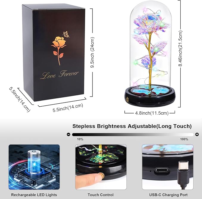 Mothers Day Flowers Gifts for Mom Women Birthday Gift, Rechargeable Galaxy Glass Rose in Glass Dome Forever Crystal Rose Anniversary Mother's Day Roses Gifts for Daughter Wife Women Grandma Rainbow
