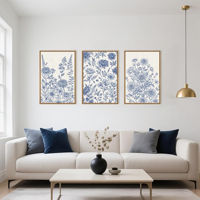 Large Navy Blue Chinoiserie Floral Framed Canvas Wall Art Set,Minimalist Blue and White Flower Wall Decor,Classic Watercolor Botanical Wildflower Art Print for Living Room,Bedroom-16 x24×3