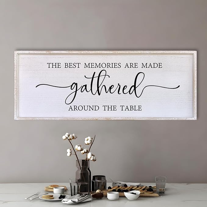 The Best Memories Are Made Gathered Around The Table Wall Decor 40"x15" Large Rustic Farmhouse Dining Room Wood Framed Modren Signs Kitchen Home Simple Hanging Wall Art (White)