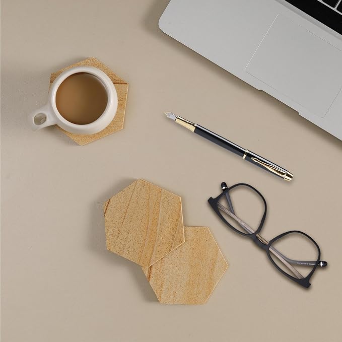 Hexagonal Sandstone Coasters Set of 6 with Holder, Absorbent Stone Coasters with Soft Backing for Table Protection, Farmhouse Rustic Sandstone Coaster for Coffee Table Desk Patio Home Decor