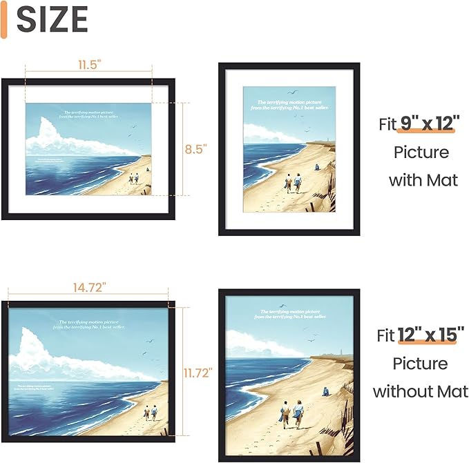 upsimples 12 x 15 Frame, Display Pictures 9x12 with Mat or 12x15 Without, Wall Hanging Photo Frame, Black, 1 Pack