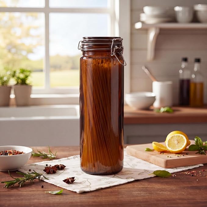 Norme 6 Pack 68oz Amber Airtight Glass Jars with Lids, Cylinder Food Storage Container Airtight Food Wire Clip Fastening for Sauerkraut Flour Kitchen Sugar Cereal Kitchen Canning Pickling Mason Jars