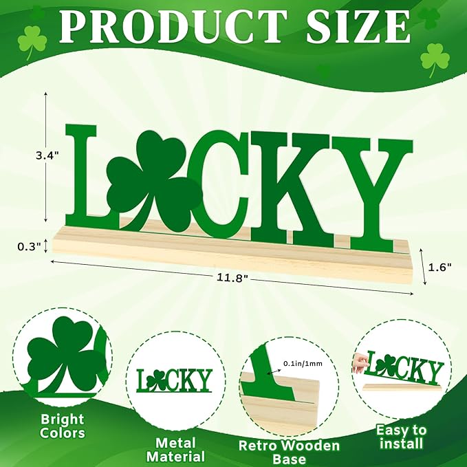 Metal St. Patrick’s Day LUCKY Table Sign, St. Patrick’s Day Tabletop Decoration with Wood Base, Green Shamrock Holiday Centerpiece Sign Decor for Home, Office, Shelf, Mantel Party Supplies