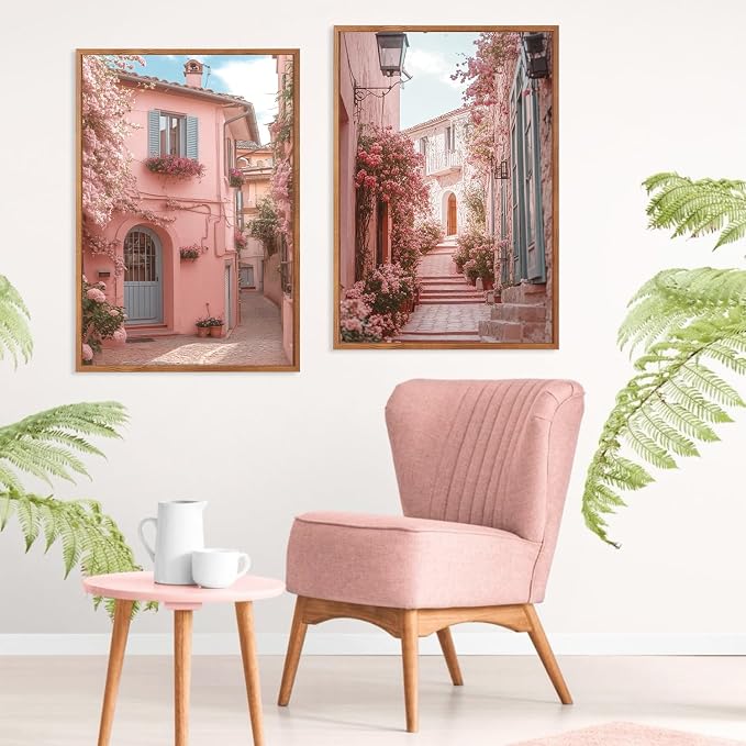 LHIUEM Vintage Italy City Landscape Framed Canvas Wall Art,Pink Flowers Street Romantic House Wall Decor,Malta Modern Natural Romance Country Artworks for Living Room,Bedroom,Office 16"X24"X3