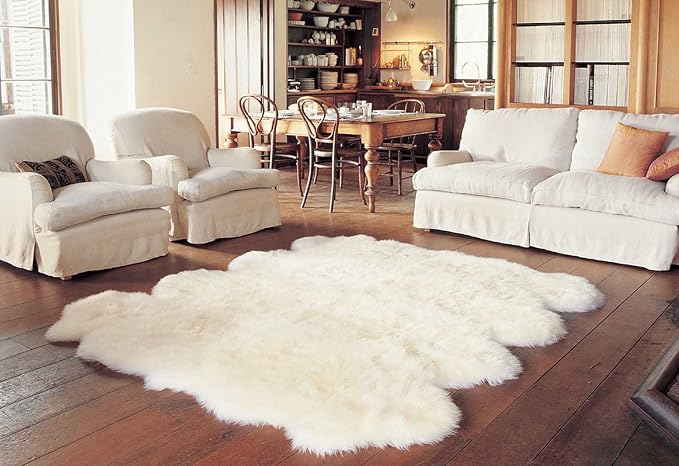 Genuine Extra Large Sheepskin Rug for Living Room/Bedroom - Super Soft Sheep Skin - Eight Pelt Natural Non-Dyed Fur with Skid Resistant Suede Backing, 6ft. x 8ft.