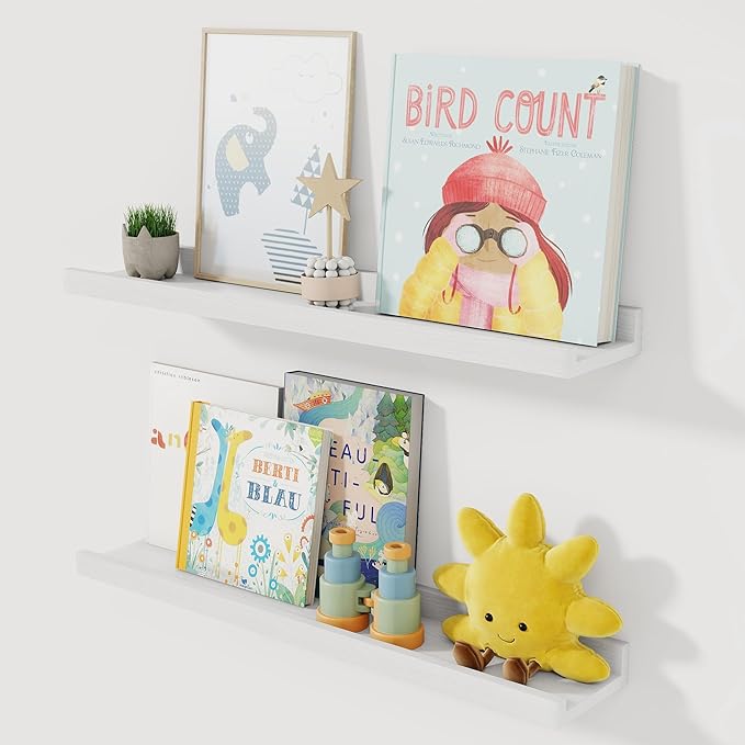 Acovy Solid Ash Wood Picture Ledge Shelf, 24 Inch, White, Set of 2 | Floating Shelves with Lip, Photo Ledge, Wall Mounted, For Nursery Bookshelf Living Room Bedroom