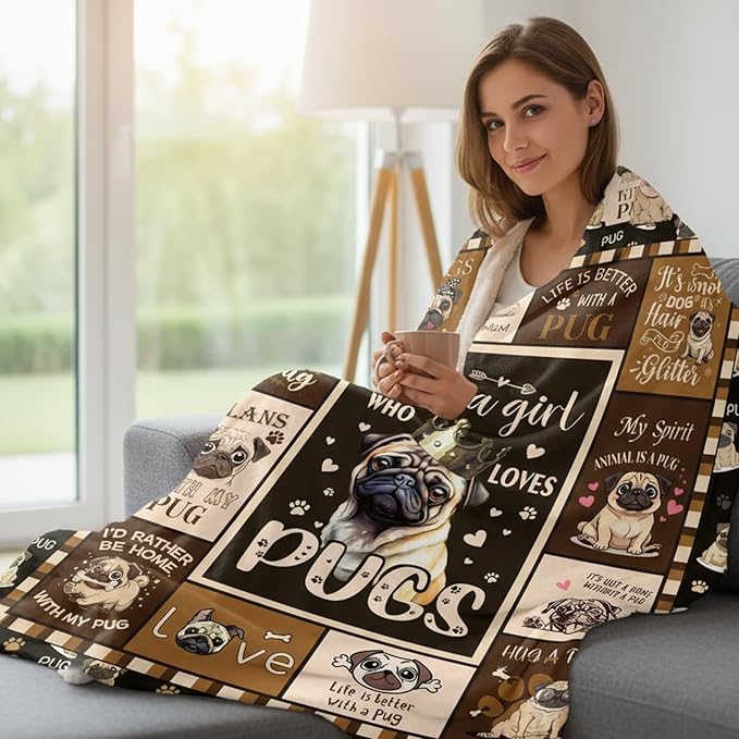 Wxiben Pug Throw Blanket Gifts - Cartoon Pug Gifts for Women Pugs Lovers Puppy Gifts for Boys Girls Pugs Dog Owners Soft Flannel Blanket for Home Christmas Sofa Couch Bed Decor 60 x 50 Inches