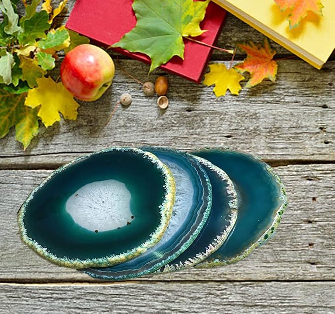 JIC Gem Dyed Teal 3-3.5" Agate Coaster Sliced Small Natural Agate Coaster for Drinks Cup Mat with Rubber Bumper Set of 4 Home Decor