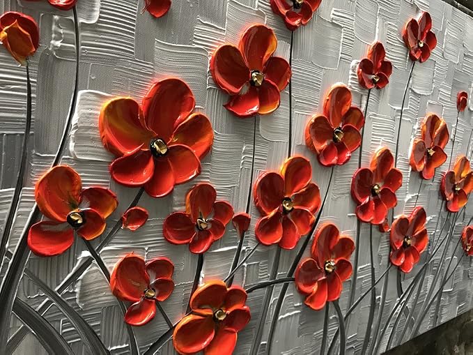 YaSheng Art - 48x24inch Canvas Wall Art, Hand Painted Oil Painting Wall Art ,Abstract 3D Texture Wall Art Pictures, Red Floral Paintings, Modern Home Bedroom Wall Art Decor, Wall Art for living room, Large Framed oil painting.