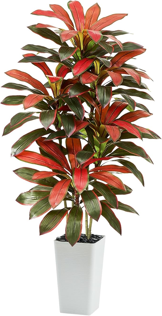 Artificial Red Dracaena Tree - 7FT Tall Fake Plants with White Tall Planter - Artificial Plants Indoor Floor Plant in Pot - Large Tropical Fake Yucca Potted Tree for Home Office Living Room Decor