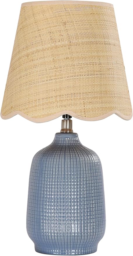 Pia Ricco 19" Modern Ceramic Table Lamp for Living Room Gray Blue Base Desk Lamps for Bedroom Farmhouse Bedside Nightstand Lamp End Table Lamps,Bule,Rattan Shade