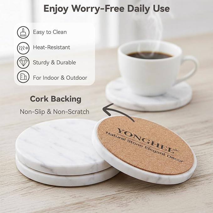 Soft White Marble Coasters Set of 6, Modern Elegant Drink Coasters for Coffee Table, 4" Round Polished Natural White Stone Coaster with Grey Veins - Heat Resistant, Non-Slip, Housewarming Gift