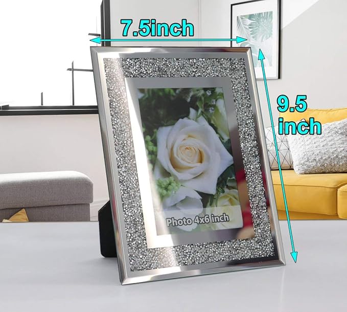 ALLARTONLY Crush Diamond Mirror Photo Frame In Bling Sparkle Crystal Silver Glass Finish, For Picture Size 4x6 inch, Pack of 2 Piece, table top Stand frame & Wall Frame