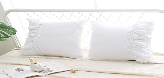 2-Pack Lace Pillow Shams Cases Covers with Ruffles Bright White Egypt Cotton Standard Size 20"X26" Luxury Elegant Twin Size