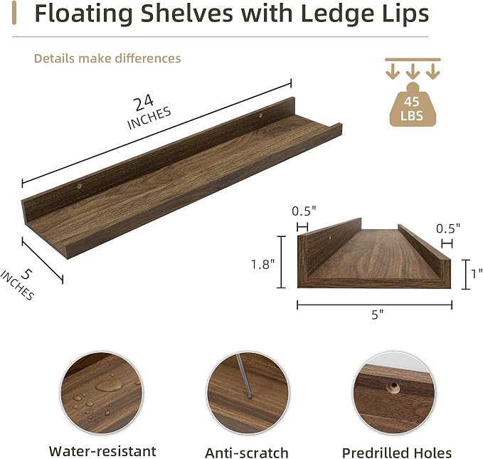 Acovy 24 inch Picture Ledge Shelf, Wood Floating Shelves Set of 4, Walnut | Photo Ledge, Wall Mounted, For Nursery Book Living Room Kids' Room Bedroom