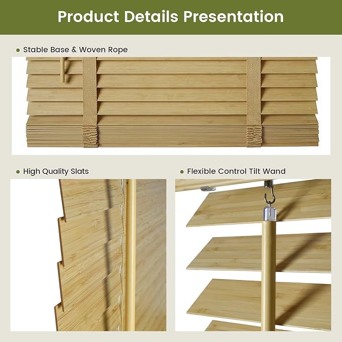 2" Cordless Bamboo Blinds,Indoor Windows Horizontal Blackout Wood Blinds, Room Darkening Window Shades for Interior Bedrooms, Living Rooms, Offices Natural 38.5" W x 64" H