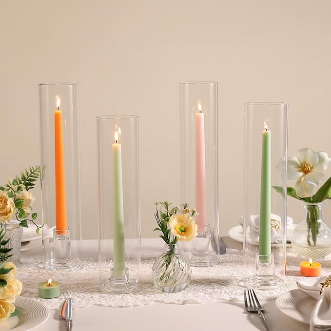 6 Set Hurricane Glass Candle Holders for Taper Candles, Assorted Heights Candlestick Holders with Windproof Glass Tubes (11.8/12.6/13.8"), Taper Candle Holders for Wedding Table Decor, Party, Events