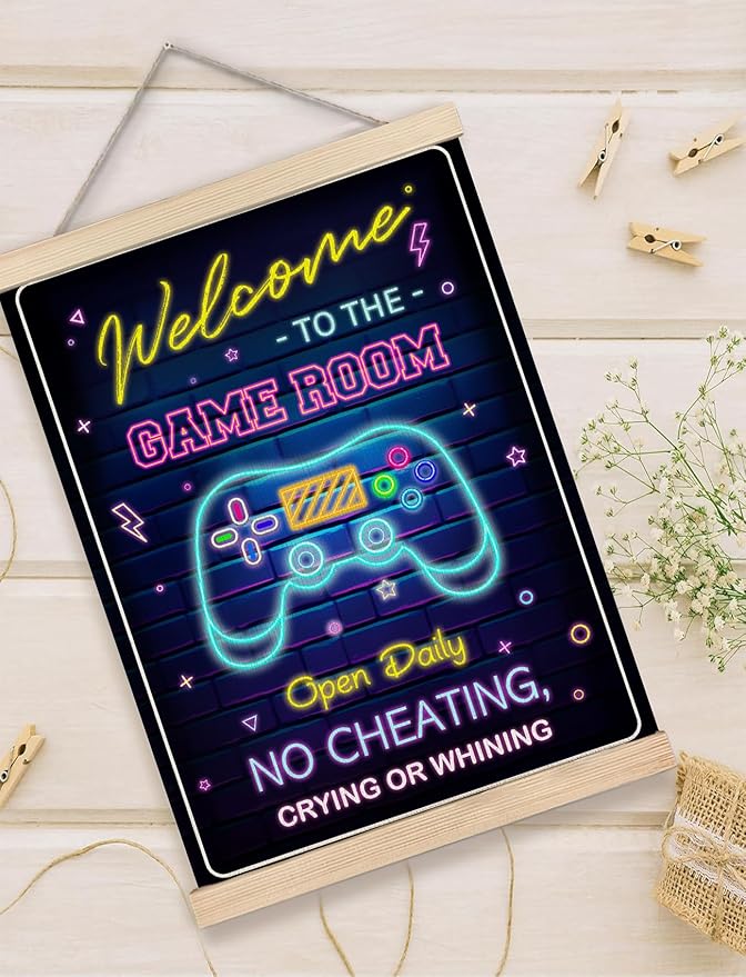 Foritho Neon Welcome to the Game Room Sign Poster Wall Art Framed, Cool Gaming Canvas Prints Wall Decor for Boys Teens Men Guys Room Bedroom, Game Room Accessories and Decor, 12x16 Inch