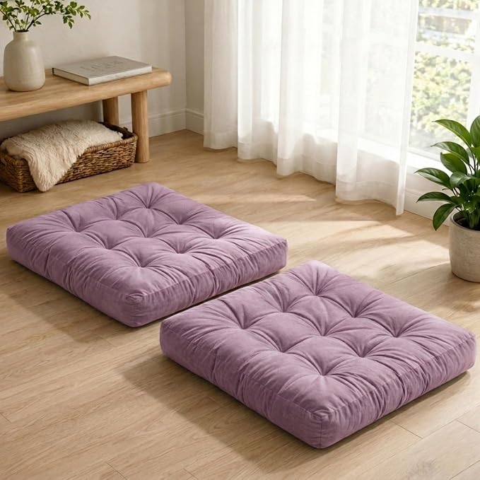 Floor Pillows for Adults Set of 2, Soft Velvet Floor Cushions for Sitting, Square Tufted Floor Pillow Set for Reading Nook, Living Room, Bedroom, 22 x 22 Inch, Lavender