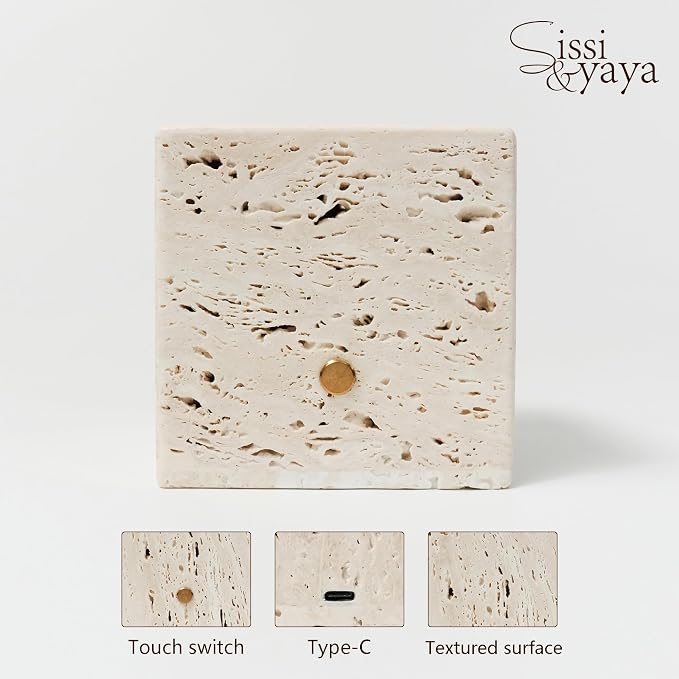 Sissi & yaya Marble Mood Light, Three Color Dimmable LED Accent Light, Natural Quality Travertine, Nightstand and Home Decor, Holiday Gift, Special Occasion. (Square Lamp - Square)