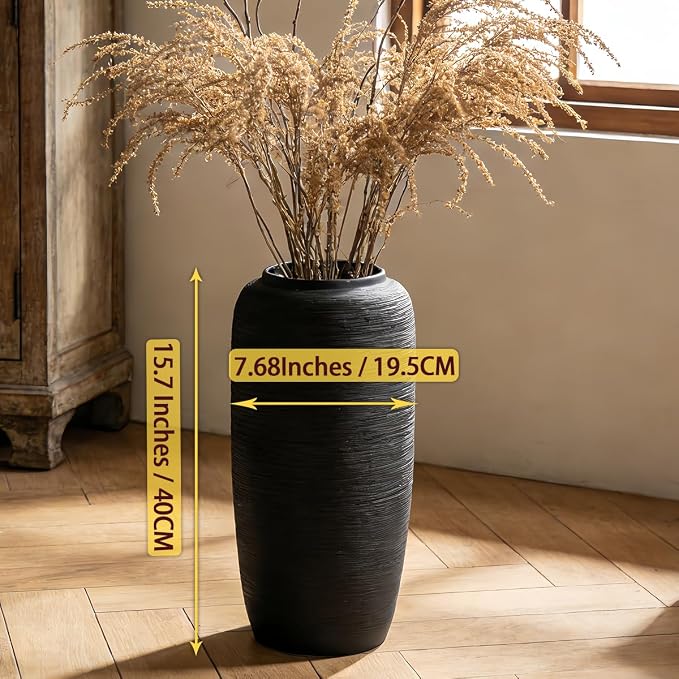 Large Rustic Ceramic Black Vase,15.7 Inch Tall Pottery Farmhouse Decor Floor Vase Vintage Flower Vases for Home Living Room Entryway Table Centerpiece Decor,Terracotta Vases,Wedding Gift