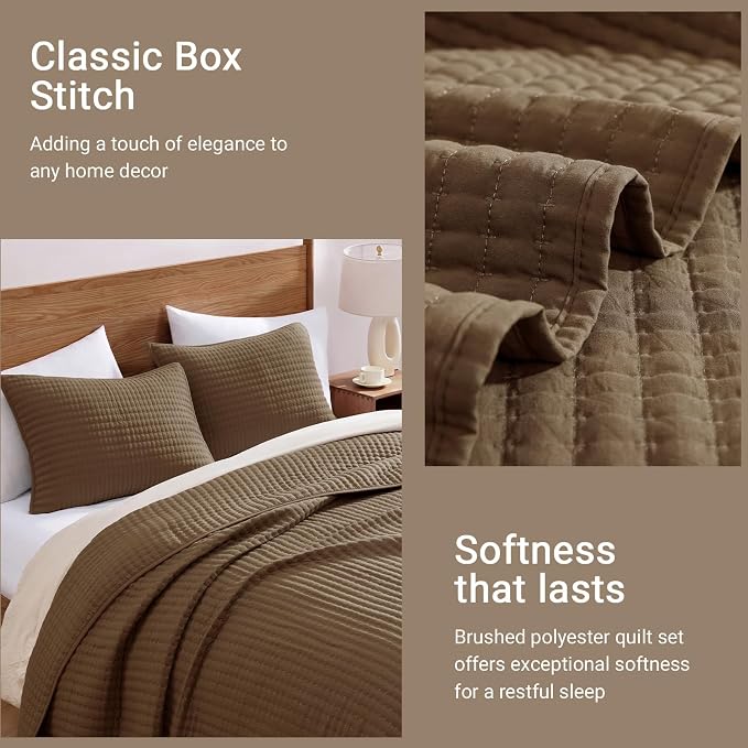 WRENSONGE Queen Quilt-3 Pieces Lightweight Bedspreads Chocolate Brown Queen Size Quilt Bedding Set for All Seasons, Soft Summer Coverlet with 2 Pillow Shams Suitable for Bed & Couch