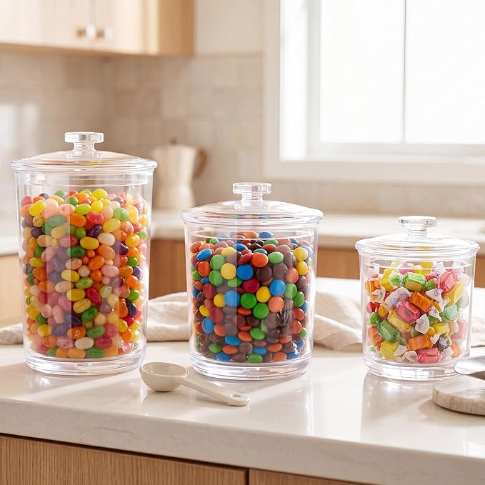 3 Pcs Plastic Apothecary Jar with Lid Decorative Crystal Wide Mouth Candy Jar for Candy Buffet Bathroom Storage Canisters Wedding Decor Acrylic Organization Canisters for Home
