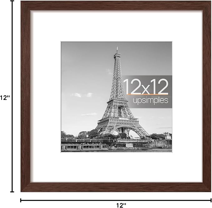 upsimples 12x12 Picture Frame, Display Pictures 8x8 with Mat or 12 x 12 Without, Wall Hanging Square Frames, Brown, 1 Pack
