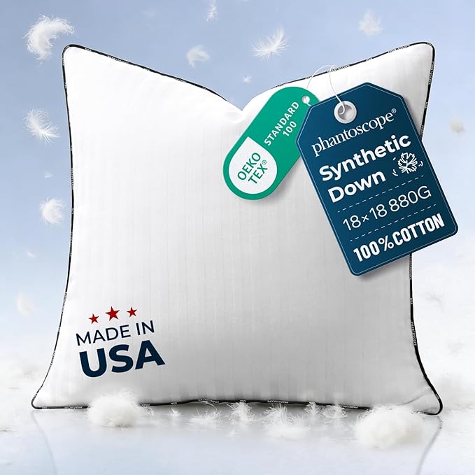 Phantoscope Synthetic Down Pillow Insert - 18x18 Down Alternative, Ultra Soft Large Square Throw Pillow with 100% Cotton for Couch Sham, Bed Sleeping (White, Set of 1)