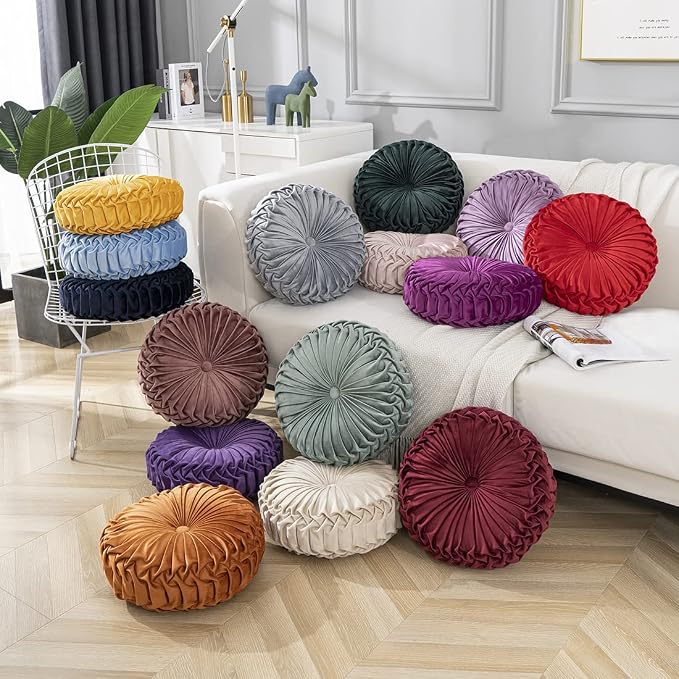 vctops Purple Velvet Seat Cushions Round Floor Pillows Thicken Chair Cushions Pleated Chair Pads Seat Pad Throw Pillows for Bedroom Living Room (Light Purple,Diameter 15")