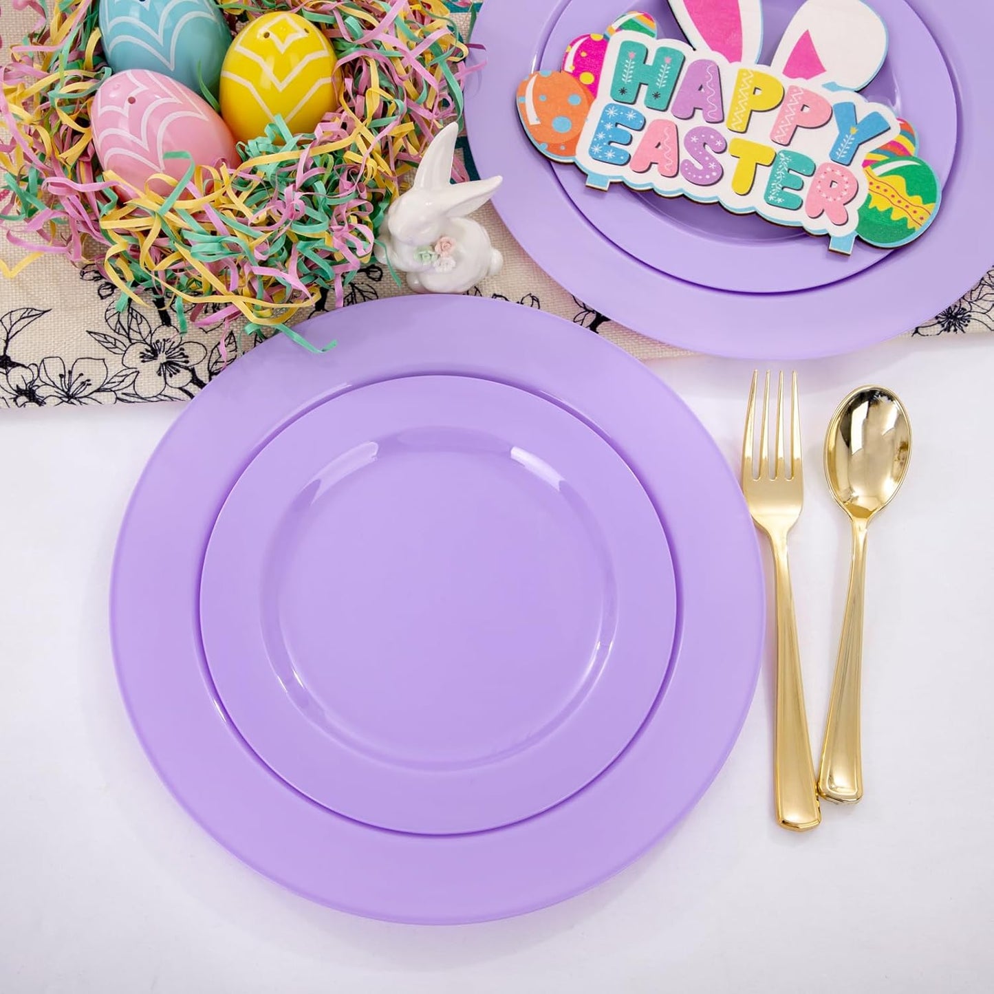 FLOWERCAT 60PCS Purple Plates - Heavy Duty Purple Plastic Plates Disposable for Easter Party/Wedding - Include 30PCS 10.25" Dinner Plates and 30PCS 7.5" Dessert Plates