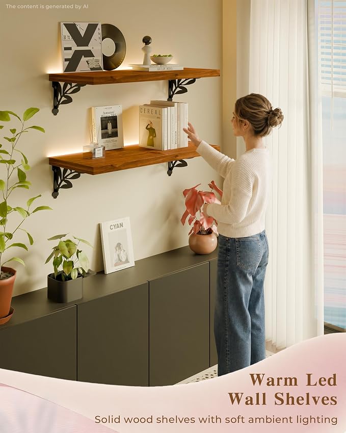 24 Inch 2 Tier Solid Wood Floating Shelves with LED Light, Metal Brackets | 24 inch solid pine shelves, 2 tier, warm LED light, walnut finish, metal brackets for books and decor