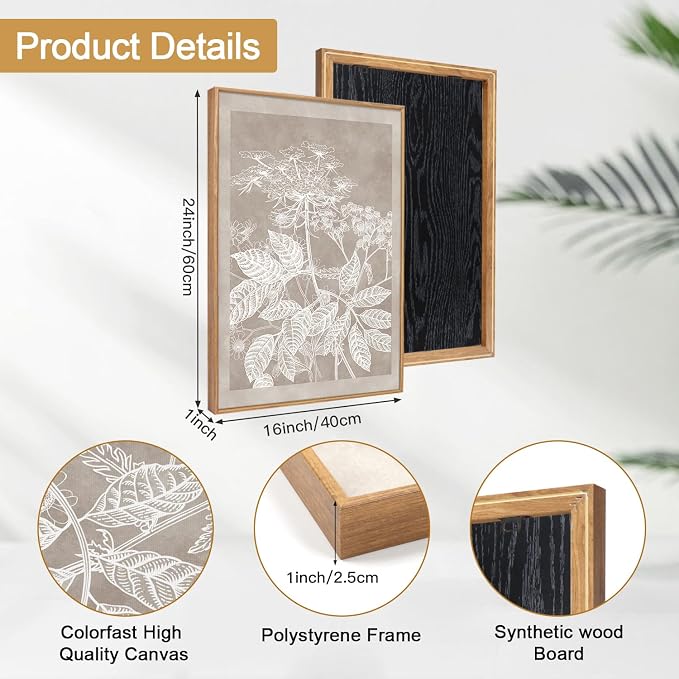 HOURIA 3Pcs Large Plant Leaf Flower Silhouette Framed Canvas Wall Art(16"x24"),Minimalist Botanical Wall Paintings Neutral Floral Wall Decor Modern Black Brown Art Print For Living Room Bedroom Office