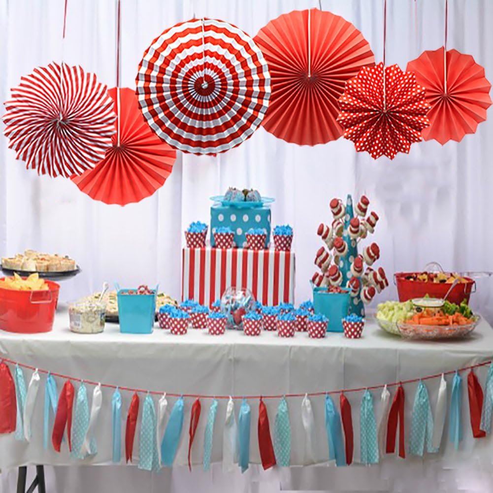 Party Hanging Paper Fans Set, Red Round Pattern Paper Garlands Decoration for Birthday Wedding Graduation Events Accessories, Set of 6