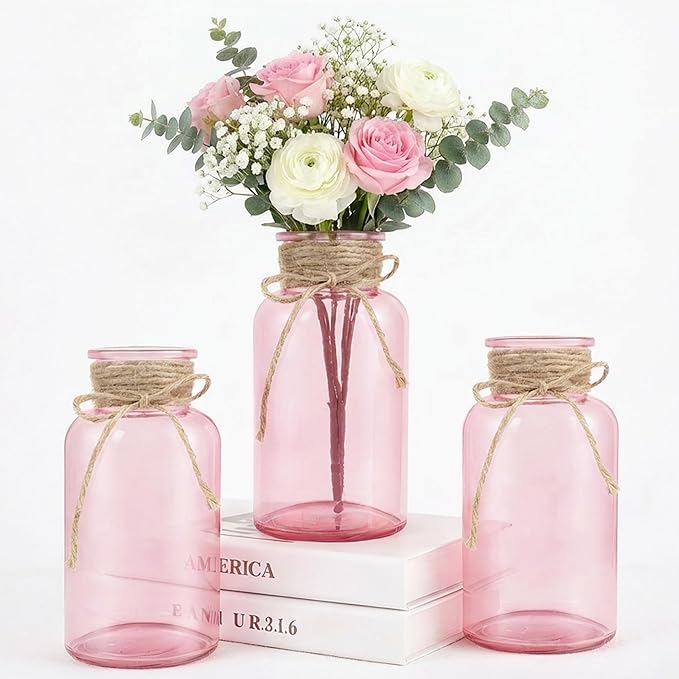 Vintage Glass Flower Vase, Farmhouse Glass Centerpiece Vases Mason Jars for Weddings, Parties & Home Decor Bulk (3, Pink)