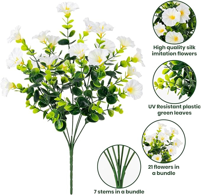 Nigirior Artificial Faux Flowers for Outdoor 16 Bundles Boxwood Fake Morning Glory for Planter,UV Resistant Fake Flowers for Home Porch Patio Outside（White）