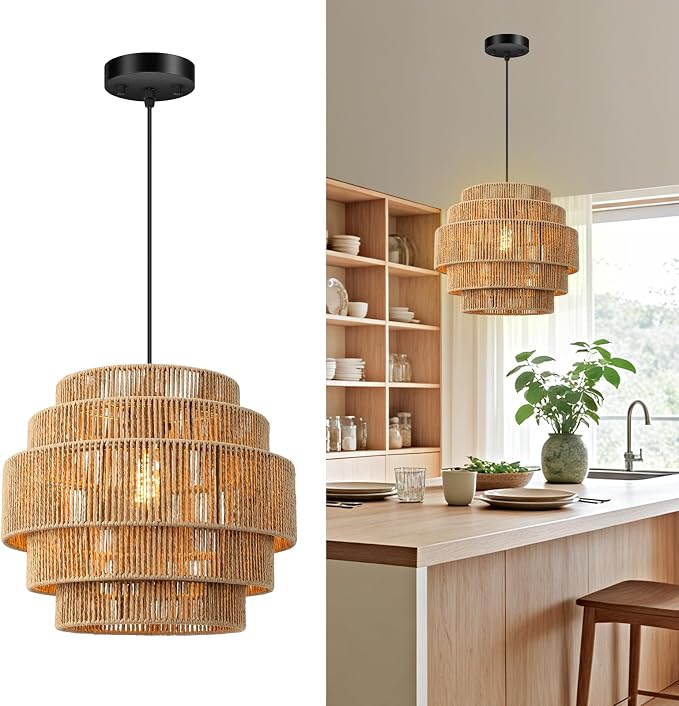 5-Tier Boho Rattan Chandelier Light Fixture, 13” Hand Woven Hemp Rope Pendant Light, Large Farmhouse Hanging Lamp for Dining Room, Kitchen Island, Bedroom, Living Room, Entryway, Foyer, Coastal Decor